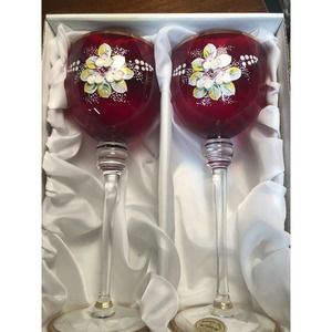 TOPIX Crystal Art Ruby Gold Rim Painted Czech Republic Bohemian Crystal Wine